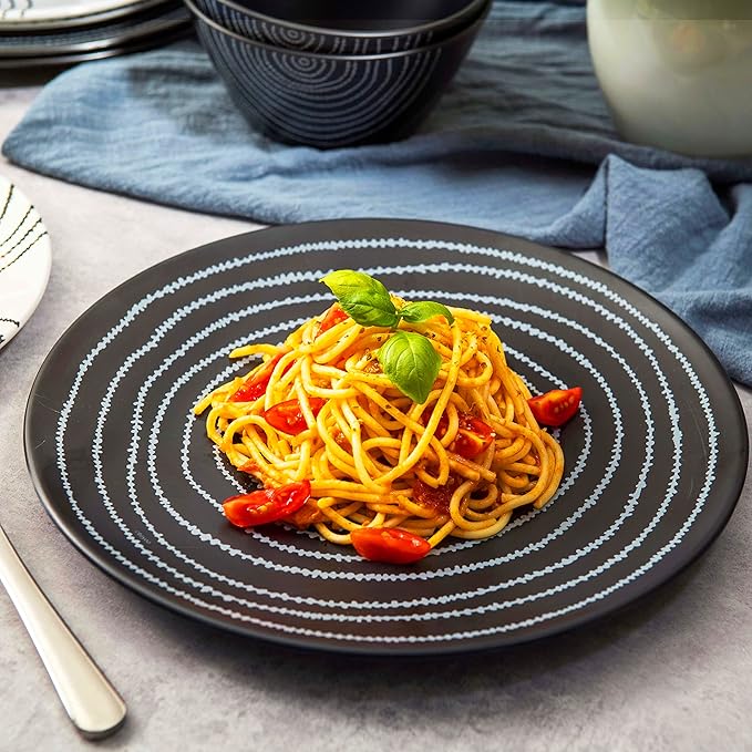 bzyoo 12 Piece Melamine Dinnerware Set - Durable, Dishwasher Safe Black Plates and Bowls - Dining, Parties, Camping Dish Set Black Planet Collection