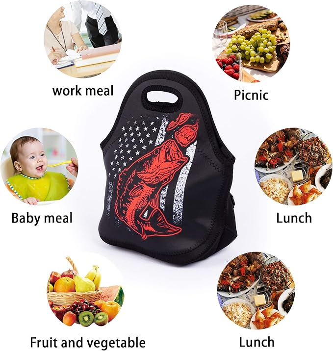 Portable Cooler Bag Bass Fishing Lure And American Flag Lunch Box Package with Adjustable Strap for Boys Teens Work Travel and Picnic