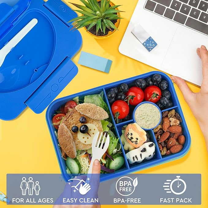Bento Box Adult Lunch Box,Lunch Containers for Adults Kids,5-Compartment Bento Box for Kids Snack Boxes with Cutlery (Blue)