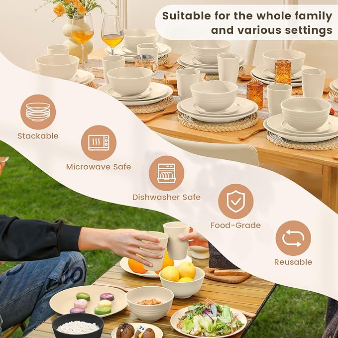 Homienly 40 PCS Dinnerware Set Service for 8, Kitchen Wheat Straw Dinnerware Set Unbreakable - Plates Set, Bowls Set,Cups Set, Microwave and Dishwasher Safe Dish Set for Dinner, Outdoor(Beige)