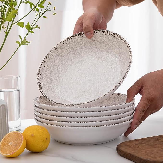 Rustic White Melamine Pasta Bowls, 6 Pack 9.25 inch Serving Bowls, Wide and Shallow All-purpose Bowl, Unbreakable Kitchen Bowls for Salad, Pasta, Ramen, Soup, Noodle, Fruit. Dishwasher Safe…
