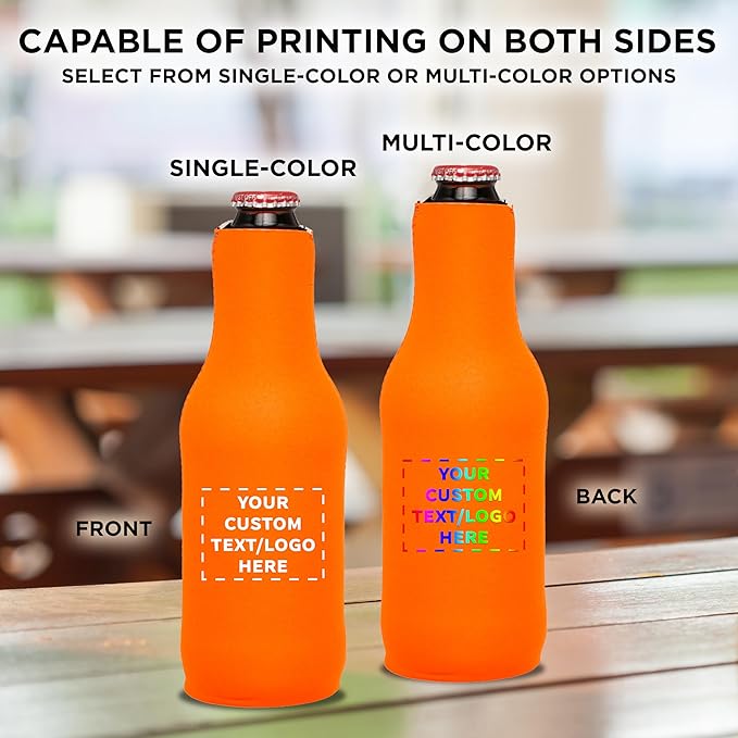 50 Neoprene Zippered Beer Bottle Coolies Pack - Customizable Text, Logo - Sharkskin Rubber Bottom - Neon Orange