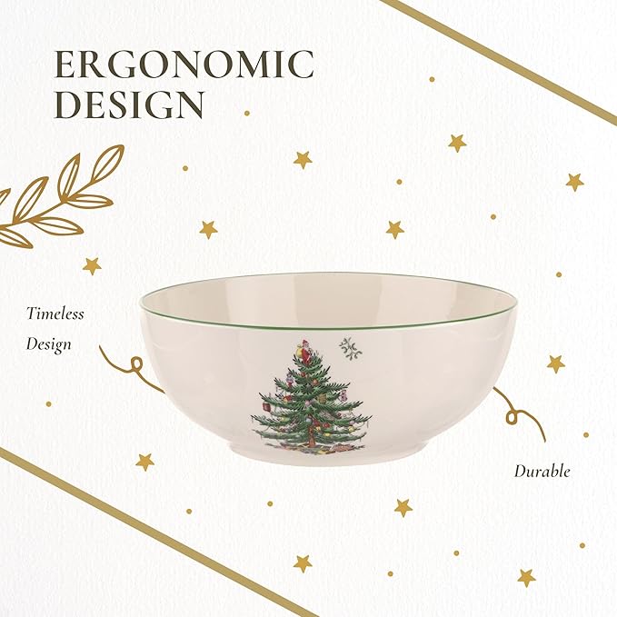 Spode Christmas Tree Round Serving Bowl - 8-Inch Ceramic Bowl for Pasta, Salad, Soup, and Side Dishes - Elegant Porcelain Design, Stackable, Dishwasher & Microwave Safe - Ideal for Holiday Gatherings