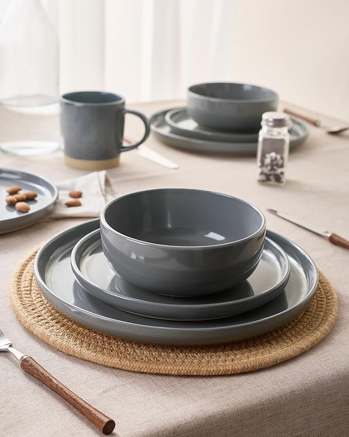 Famiware Milkyway Dinnerware Set with Mugs, Service for 4 (16pcs), Ribbed Stoneware Plates and Bowls Dishes Sets - Chip & Scratch Resistant, Microwave & Dishwasher Safe, Dark Gray