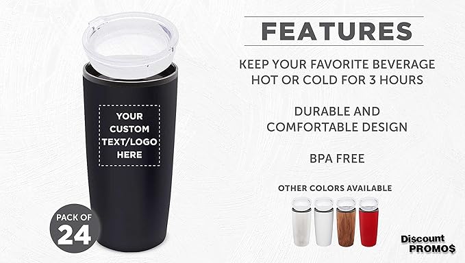 Custom Plastic Tumblers 20 oz. Set of 24, Personalized Bulk Pack - With lids, Ice Coffee Tumbler, To Go Cup, Insulated - Black
