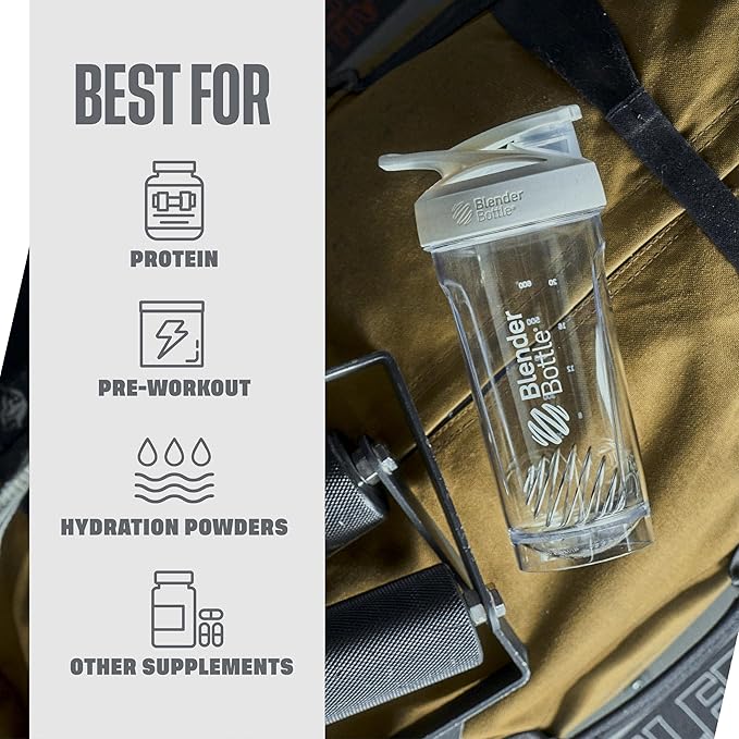 BlenderBottle Sport Shaker Bottle with Wire Whisk, 24-Ounce, White – Protein Shakes & Hydration for Athletes & Fitness Enthusiasts, Easy Mixing, Durable & Lightweight, Lockable Lid