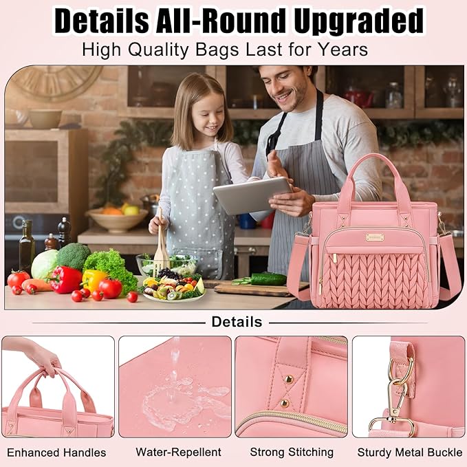 Weitars Insulated Lunch Bag for Women,Leak Proof Lunch Box for Work,Extra Large Lunch Tote Bag With Removable Shoulder Strap with Side Pockets,Reusable Lunch Bag For Picnic Hiking (Pink-02)
