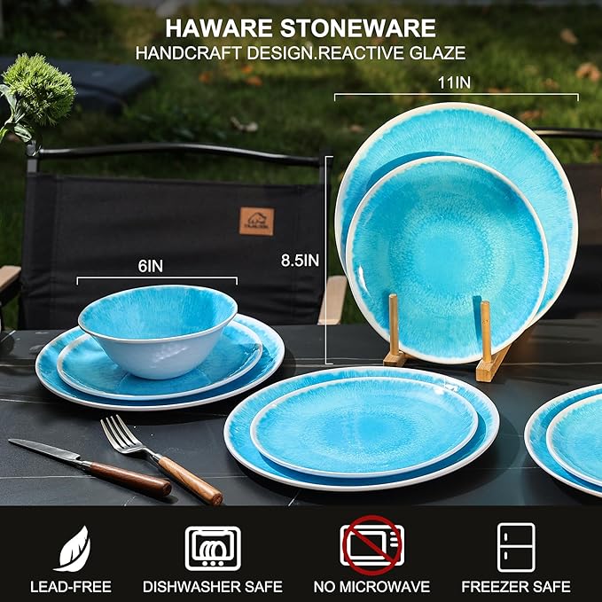 Melamine Dinnerware Sets 12 Pcs, Melamine Plates and Bowls,Party Plates and Bowls Sets, Camping Dishes Set for 4, Unbreakable, BPA Free, Dishwasher Safe (Lake blue)