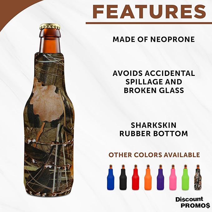 10 Neoprene Zippered Beer Bottle Coolies Pack - Sharkskin Rubber Bottom - Camo4