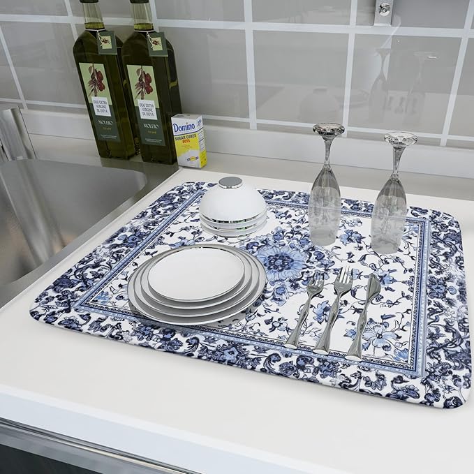 Boho Floral Dish Drying Mat 18x24 Inch Blue Leaves Kitchen Drying Pad Reversible Absorbent Dish Drainer Rack Mats Counter Tableware Decor
