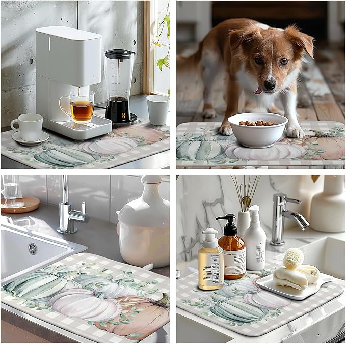 Thanksgiving Fall Dish Drying Mat Pumpkin Dish Drying Pad Autumn Large Dish Drying Matt Absorbent Dish Drainer Mat for Kitchen Counter Decor XL Coffee Maker Mat18x24 In