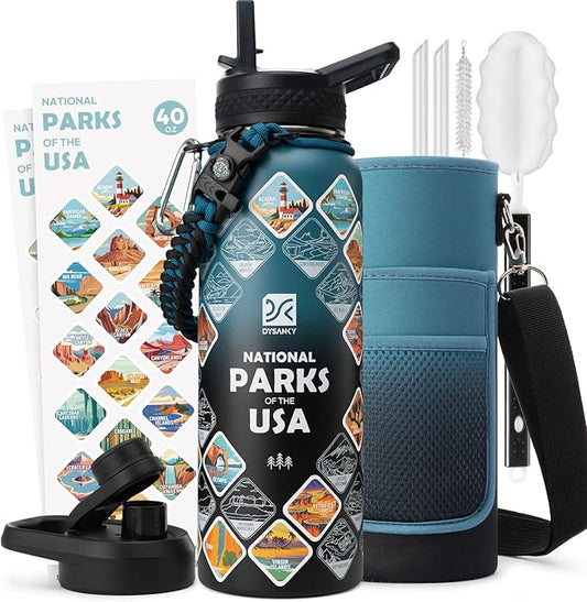 40 oz Insulated Water Bottle | Thickened Stainless Steel Vacuum Metal | Portable Sports Water Jug for Gym and Hiking with Straw, Carrier Bag, Handle Strap | BPA-Free 40 oz