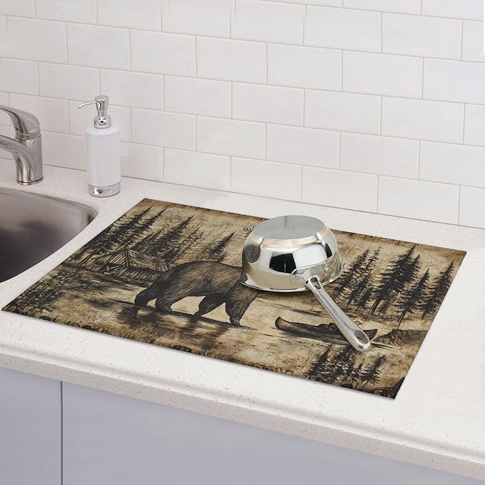 Carbine Bear Dish Drying Mat for Kitchen Counter Microfiber Super Absorbent Non-Slip Dish Drying Pad for Countertops Dishes Utensils Stylish Quick-Dry Machine Washable 18x24 Inch