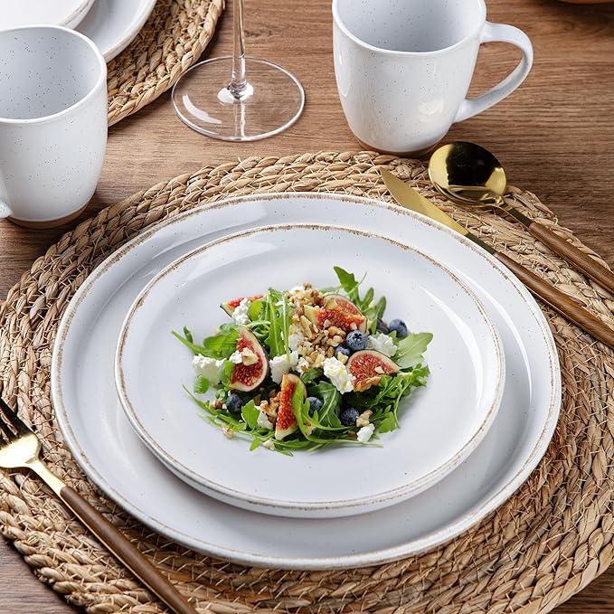 AmorArc 18 Pieces Ceramic Dinnerware Sets for 6, Handpainted Stoneware Plates and Bowls Set with Rustic Terracotta Underside, Scratch Resistant Dishes Set, Dishwasher & Microwave Safe, White