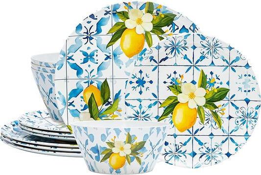 Bzyoo 12-Piece Melamine Dinnerware Set - Lemon Tiles | Lightweight, Durable, BPA-Free | Dishwasher Safe Dish Set for Indoor & Outdoor Use - Perfect for Camping, BBQs