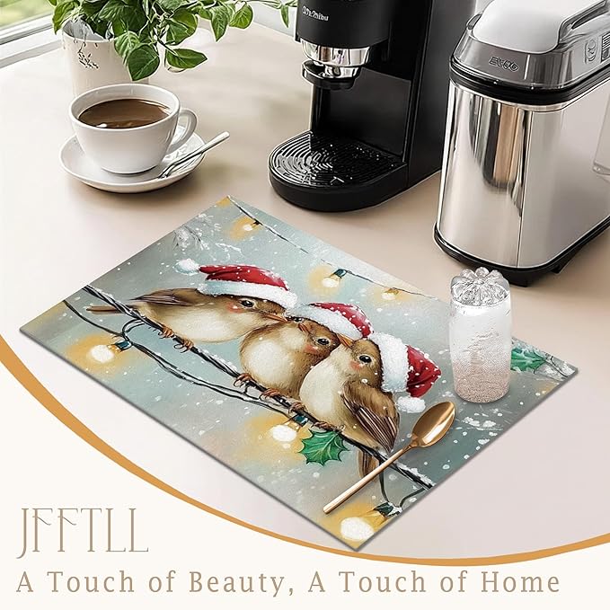 Winter Christmas Bird Dish Drying Mat, Bird Lover Gifts, Rustic Winter Xmas Sparrow Birds Absorbent Dish Drainer Reusable Washable Drying Mat Pad for Kitchen Counter, 12×15 Inch