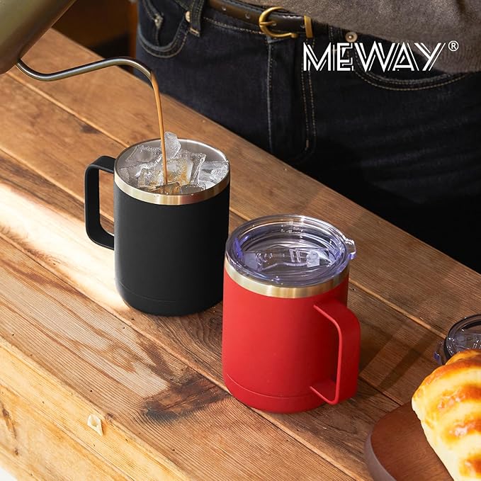 MEWAY 12oz Coffee Mug With Handle 4 Pack Bulk,Stainless Steel Insulated Travel Tumblers With Sliding Lid,Double Wall Vacuum Camping Cup for Hot & Cold Drinks Tea (Black,Set of 4)