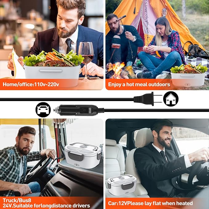 APSARAS USA Electric Lunch Box 60-80W Food Heater for Adults, 12/24/110V Portable Lunch Warmer Upgraded Heated Lunch Box for Car/Truck/Office with SS Fork&Spoon and Insulated Carry Bag (white)