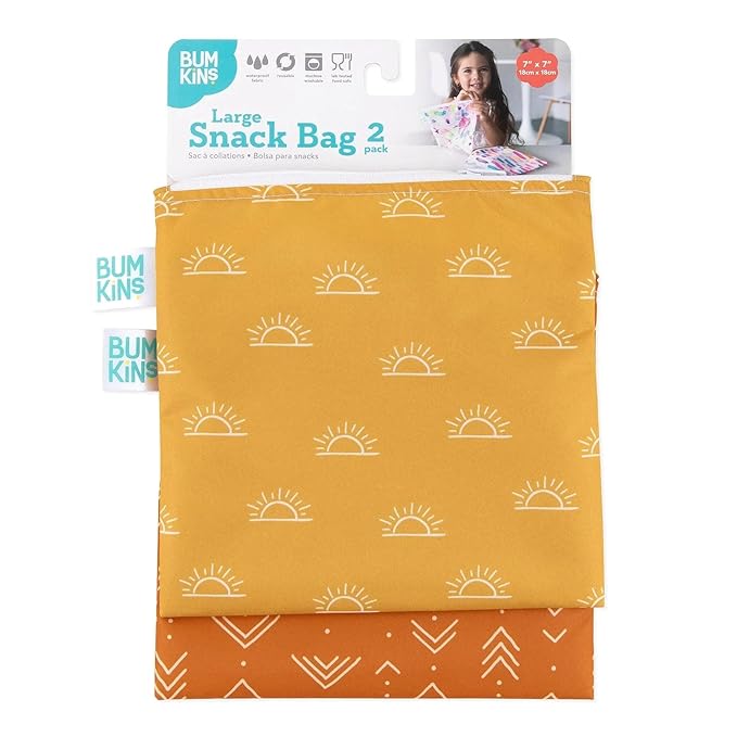 Bumkins Reusable Sandwich and Snack Bags, for Kids School Lunch and for Adults Portion, Washable Fabric, Waterproof Cloth Zip Bag, Travel Pouch, Food-Safe Storage, Large 2-pk Desert Boho