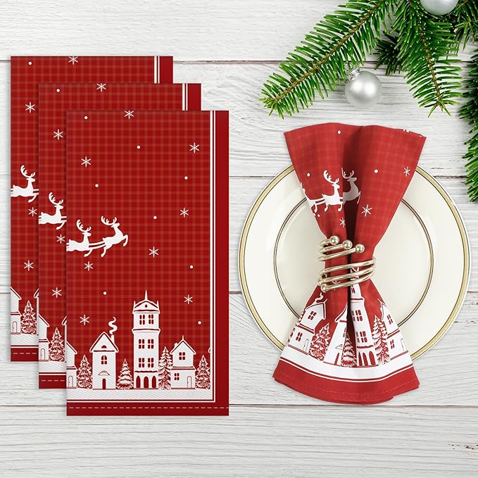 Christmas Deer Napkins, 18×18 Inch Santa Dinner Cloth Napkins Set of 6, Washable Cotton Soft Absorbent Square Napkins for Dining Kitchen Party Wedding Decoration