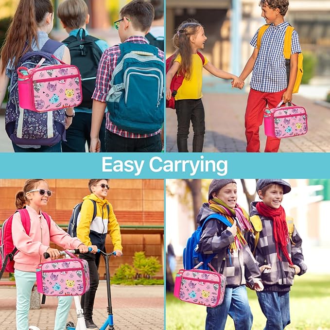Bagseri Kids Lunch Bag Girls - Kids Lunch Box for Girls Reusable Leak-Proof Insulated Lunch Bag with Water Bottle Holder Toddler Lunch Box for Daycare and School, Cute Cat (Water Bottle Not Included)