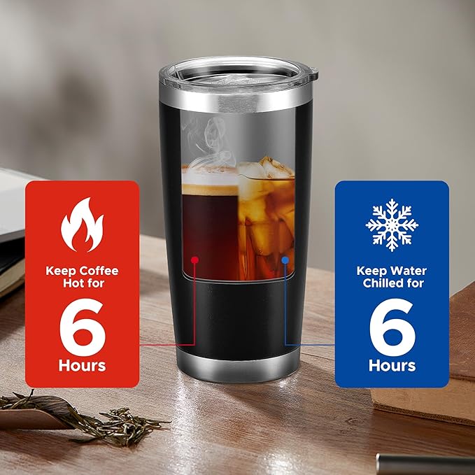 OMTech 20oz Tumblers Bulk, 6pc Stainless Steel Tumbler Set with Lid & Straw, Double Wall Vacuum Insulated Mug for Laser Engraver, Travel Coffee Mug for Hot & Cold Drinks, Black Powder Coated Cup