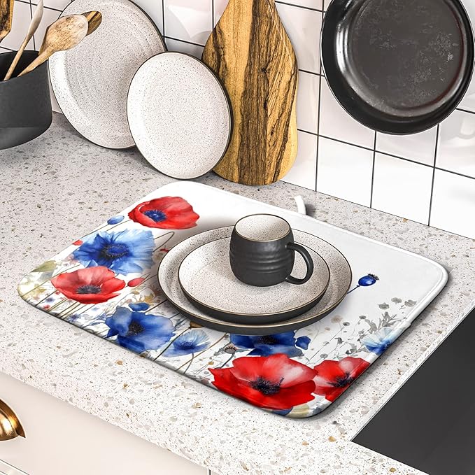 Poppy Flower Dish Drying Mat 16x18 for Kitchen Memorial Independence Day 4th of July USA Red Blue Flower Dishes Dry Pad Drainer Rack Mats Absorbent Hanging Loop Kitchen Accessories