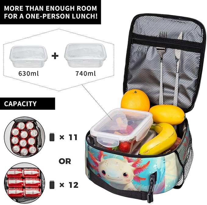Axolotl Lunch Box for Women Men, Insulated Lunch Box Reusable Portable Lunch Bag Cooler Tote Waterproof Lunch Container for Office Picnic Work Travel