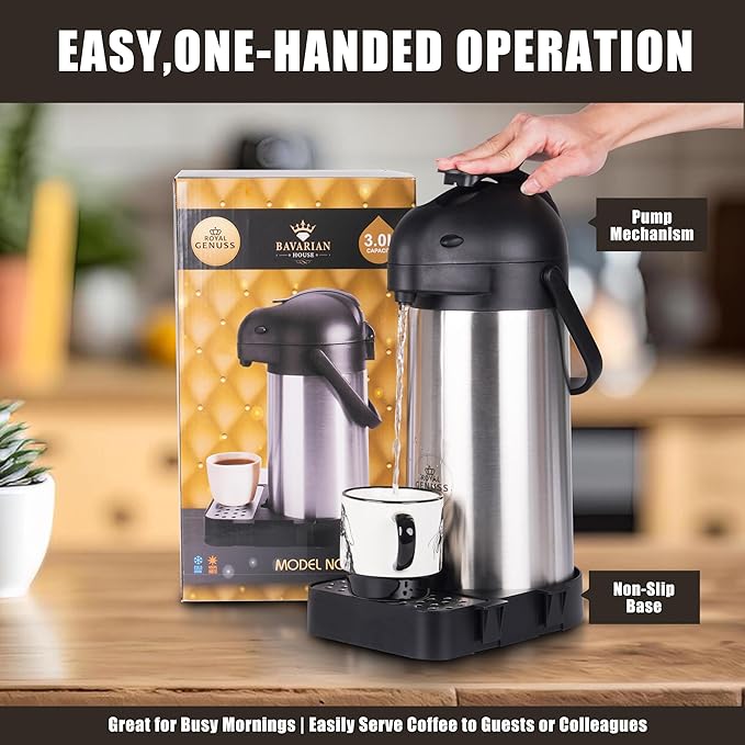 Airpot Coffee Dispenser 102 oz (3L) with Pump, Drip Tray and Cleaning Brush - Stainless Steel Insulated Carafe - 24 Hour Heat Retention - 36 Hour Cold Retention - 2 Gifts are included