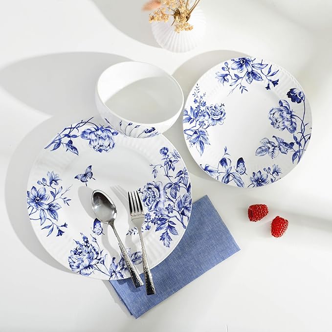 222 Fifth 12-Piece Porcelain Dinnerware Set for 4, White & Blue Plates and Bowls Set, Glossy Ceramic Dish Set with Embossed Toile Pattern, Elegant Kitchen Dishes, Microwave & Dishwasher Safe, Cassian