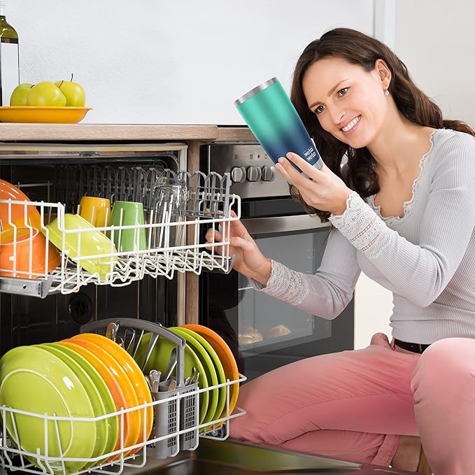 WETOWETO 20oz Insulated Stainless Steel Tumbler, Coffee Tumbler with 2 lids and 2 straws, Double Wall Vacuum Travel Coffee Mug, Powder Coated Leak-Proof Tumbler Cup (Green-Blue Gradient,1 Pack)