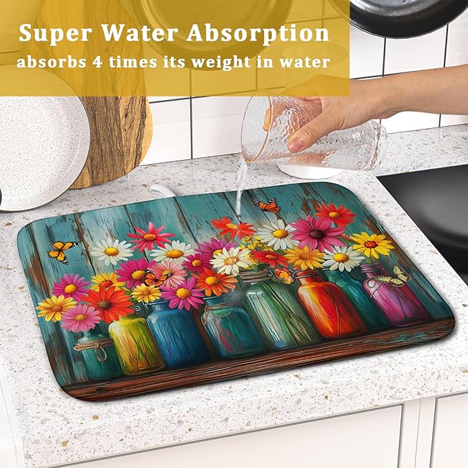 Botanical Flowers Dish Drying Mats 16x18 Inch,Colorful Daisy Mason Jar on Wood Plank Microfiber Quick-Dry Drainer Rack Absorbent Pad for Farmhouse Kitchen Countertop Sink Decor