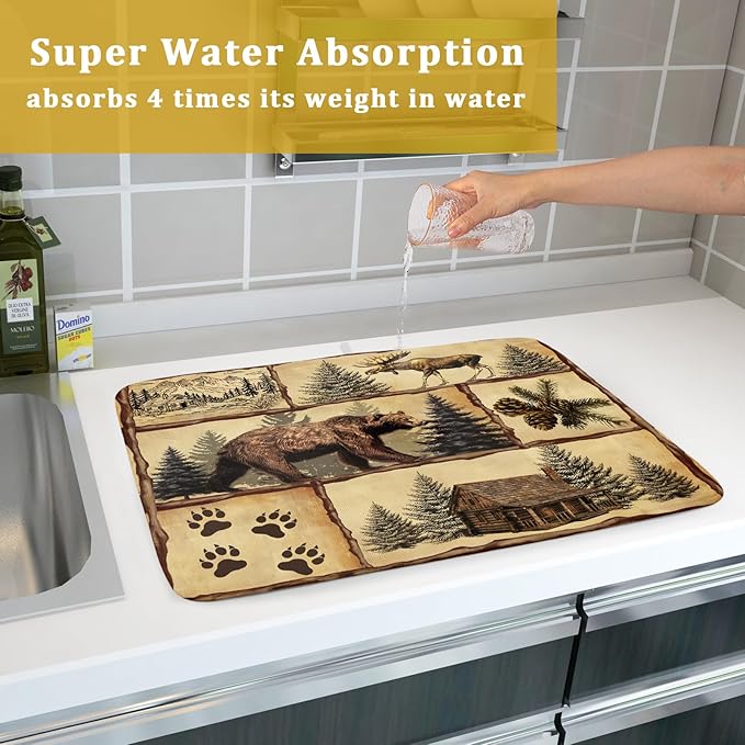 Vintage Bear Moose Dish Drying Mat 18x24 Inch Country Cabin Absorbent Dish Draining Mat Heat Resistant Drying Pad for Counter Sink Home