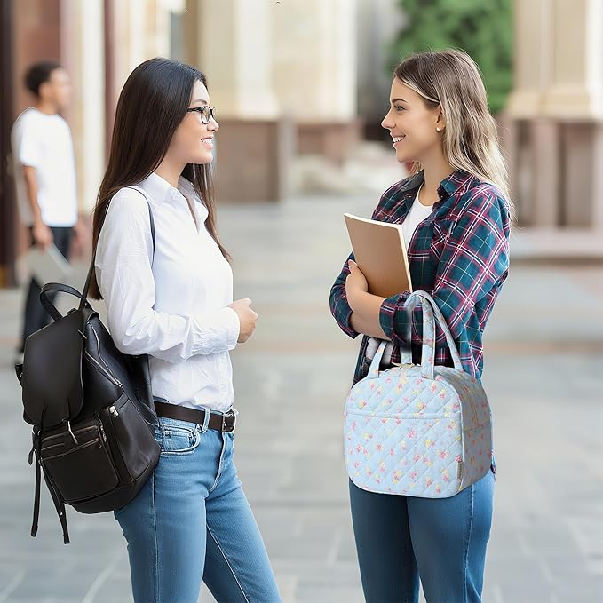 Quilted Lunch Box for Women,Insulated Cute Reusable Lunch Bag with Front Pocket,Pink Flower Stylish Lunch Tote Bag for Work, Office,Picnic, Travel,School (pink yellow floral)