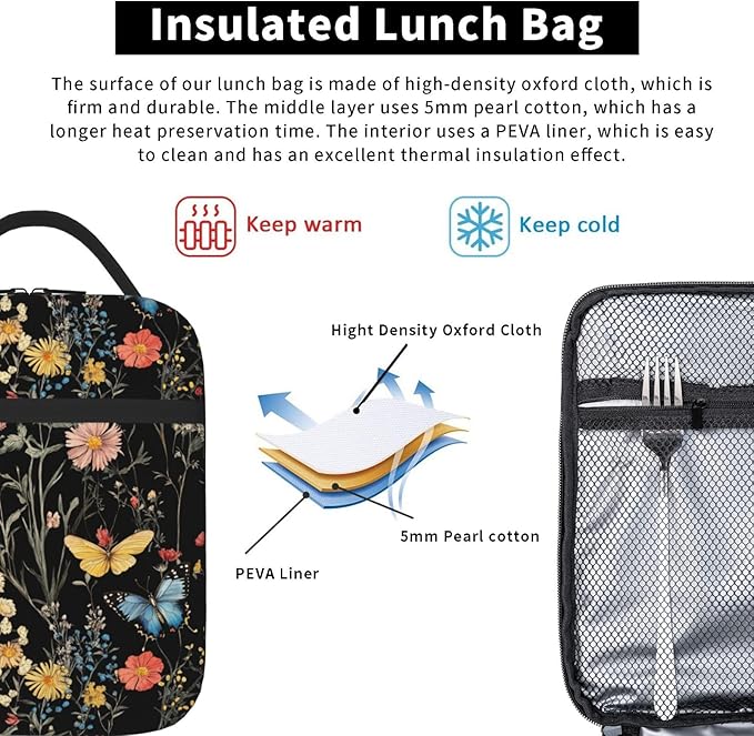 SUPLUCHOM Lunch Bag Wildflower Botanical Butterfly Flower Insulated Bento Box Cooler with Side Pocket for Girl Boy Women Men Work School Picnic Hiking Daytrip
