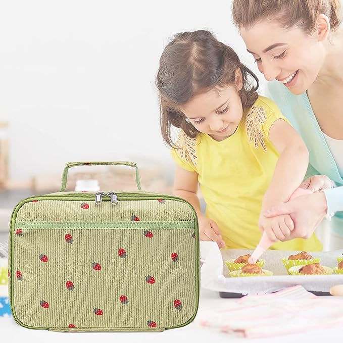 Bluboon Kids Girls Lunch Bag Insulated Lunch Box for school Corduroy Lunch Cooler Organizer School Kids Lunch Tote (Corduroy-Strawberries-Green)