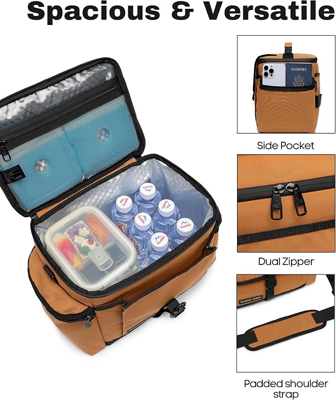 SUNNY BIRD Large Lunch Bag, Thermally Insulated Soft Cooler with Shoulder Strap for Women, Men (Brown)
