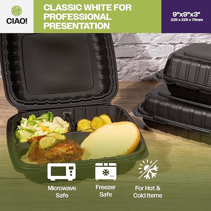 CIAO! 9"x9"x3" MFPP Black Hinged Container With Lid 3 Compartment (Case of 150)