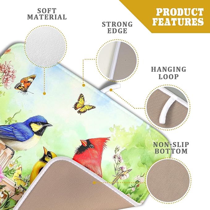 Spring Birds Dish Drying Mats 16x18 Inch,Colorful Flowers Butterfly Absorbent Microfiber Dishes Drainer Rack Mat Tableware Drying Pad for Kitchen Countertop Coffee Bar Sink Decor