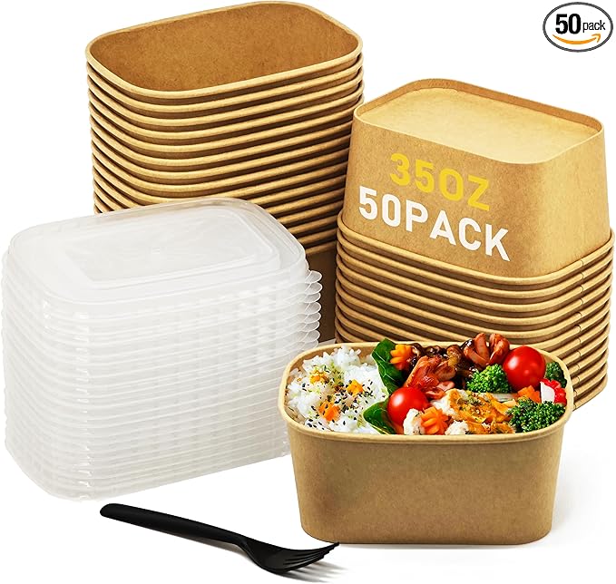 50Pack Disposable Paper Meal Prep Containers with Lids and Forks, 35OZ Kraft Paper To Go Food Containers for Salad Soup Hot/Cold Food, Take Out Serving Bowl for Household & Restaurant & Party & Picnic