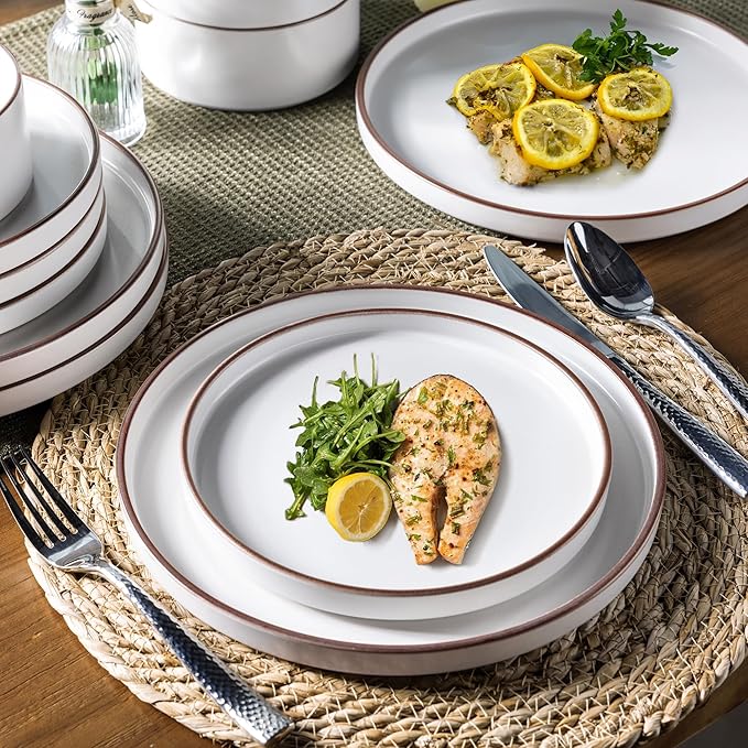 LERATIO Ceramic Dinnerware Sets for 8, High Edge Stoneware Plates and Bowls Set, Chip and Crack Resistant | Oven & Dishwasher & Microwave Safe Dishes Set, Service for 8 -Vanilla White