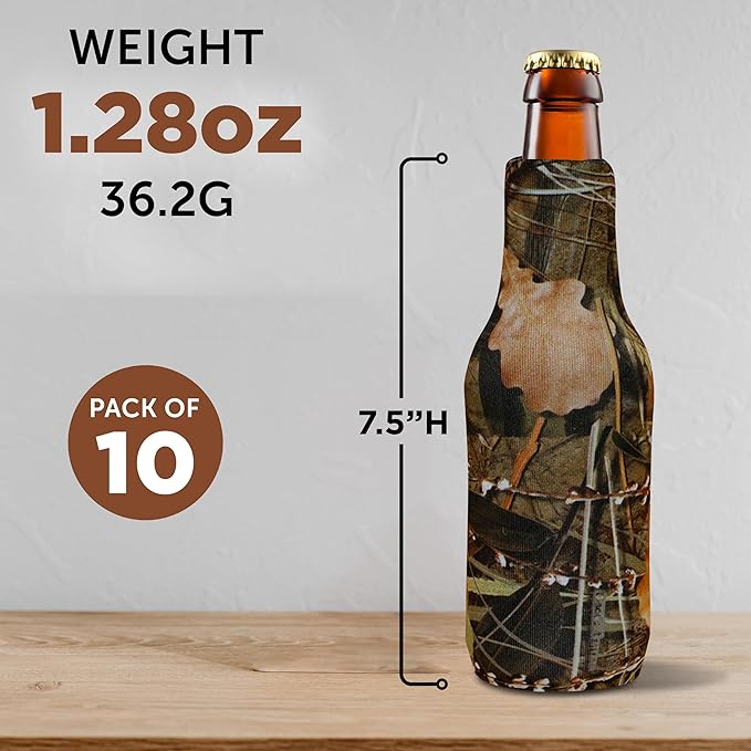 10 Neoprene Zippered Beer Bottle Coolies Pack - Sharkskin Rubber Bottom - Camo4