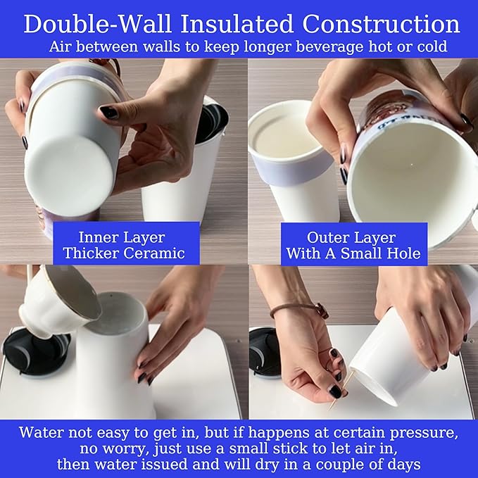 12 oz Travel Coffee Mug, Ceramic Double Wall Insulated Mug No Handle with Splash Resistant Lid & Non-Slip Silicone Sleeve, Travel Must-Have White Coffee Cup, Reusable, Gifts For Women & Men, Blue