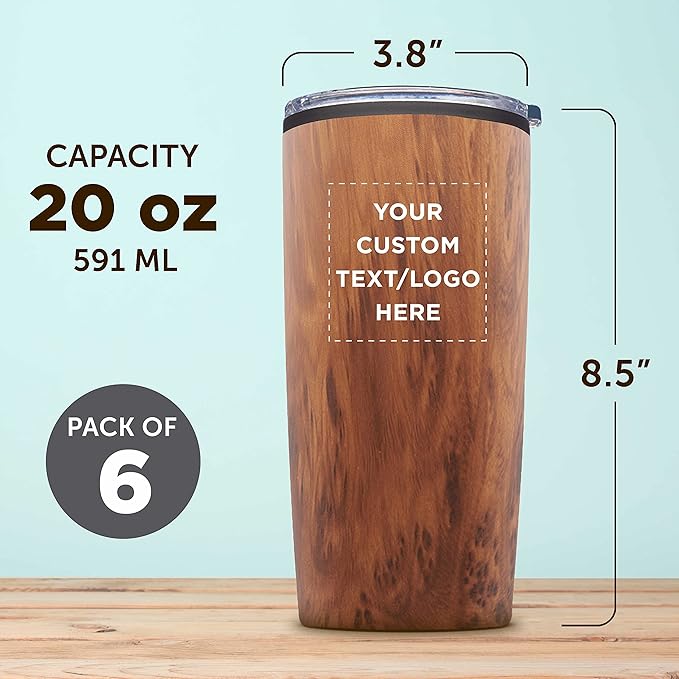 Custom Plastic Tumblers 20 oz. Set of 6, Personalized Bulk Pack - With lids, Ice Coffee Tumbler, To Go Cup, Insulated - Wood