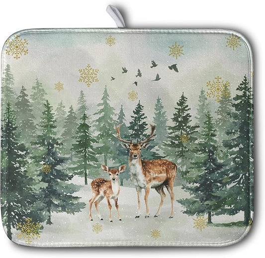Reindeer Tree Snowflakes Christmas Dish Drying Mats for Kitchen Counter 16x18 Inch Winter Forest Dish Drainer Mats Absorbent Reversible Dish Draining Microfiber Dishes Drying Pad