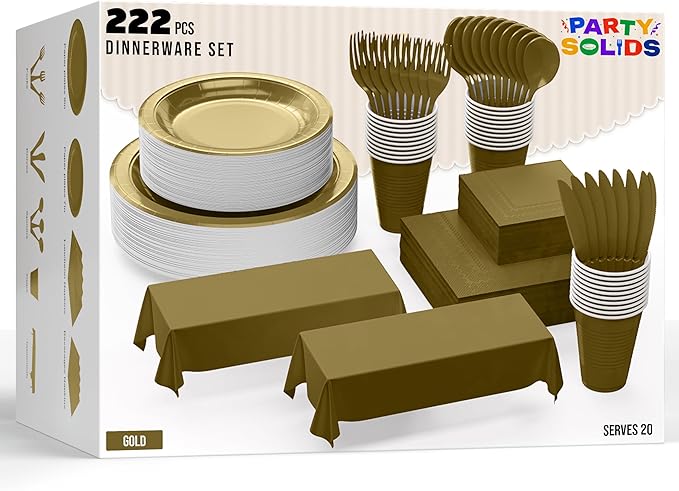 222 Pcs Gold Paper Plates and Napkins Sets, Disposable Plates For Party, Lunch & Cocktail Napkins Paper, 18oz Plastic Cups, Cutlery and Gold Table cloth Plastic Dinnerware Set