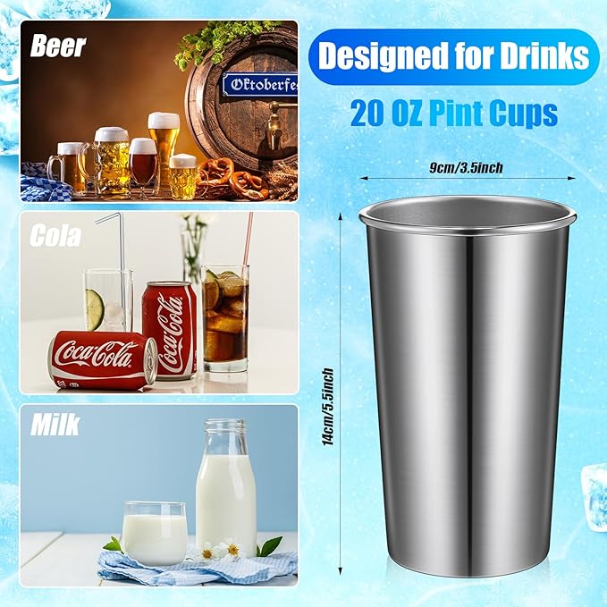 Bokon 12 Pack 20 oz Stainless Steel Cups Metal Cups Shatterproof Stacking Beer Pint Cups for International Coffee Day Bar Camping Restaurant Adults Travel Outdoor