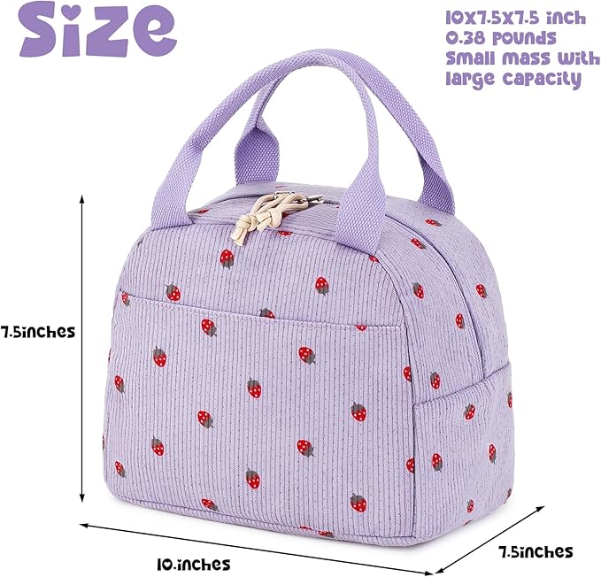 Bluboon Lunch Bag for Women Men Cute Corduroy Lunch Tote Bags Reusable Insulated Lunch Box Large Capacity Reusable Insulated Cooler for Work Picnic or Travel (Corduroy strawberry purple)