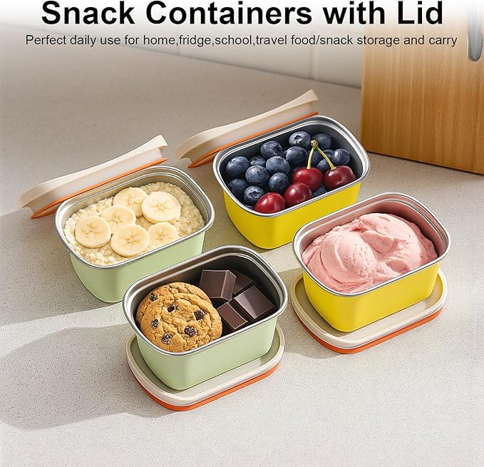 4 Pack Stainless Steel Snack Containers with Lids Reusable,for Kids Toddler Adults,12 oz Small Snack Box Containers for Overnight Oats Fruits Cookie Ice Cream,Air Tight
