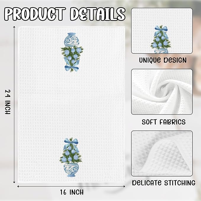 Blue Bow Chinoiserie Christmas Tree Kitchen Towels, Christmas Dish Tea Towels, Blue and White Grandmillennial Xmas Tree Hand Towel for Kitchen Bathroom Decor, 16x24 Inches